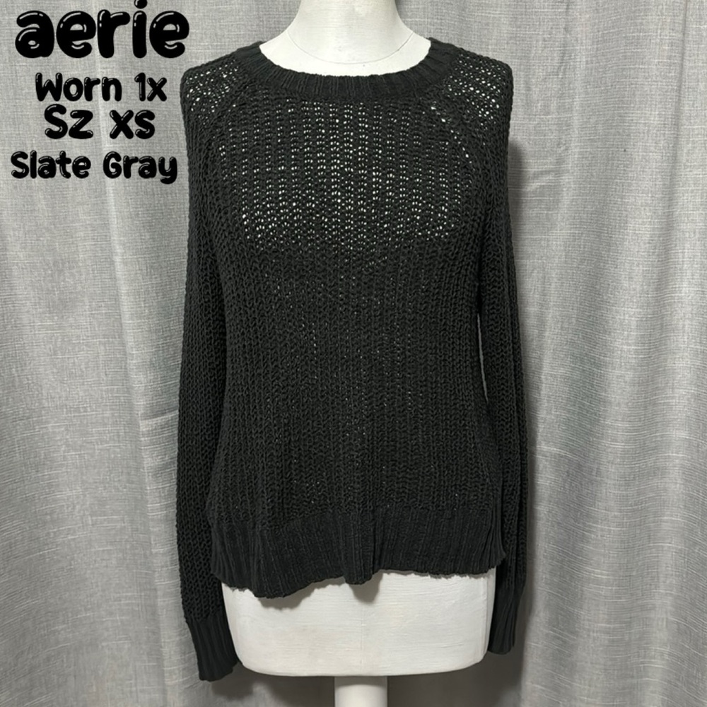 aerie Open Knit Sweater-Sz XS-Slate-Worn 1X-Cotton Blend-Dark Gray